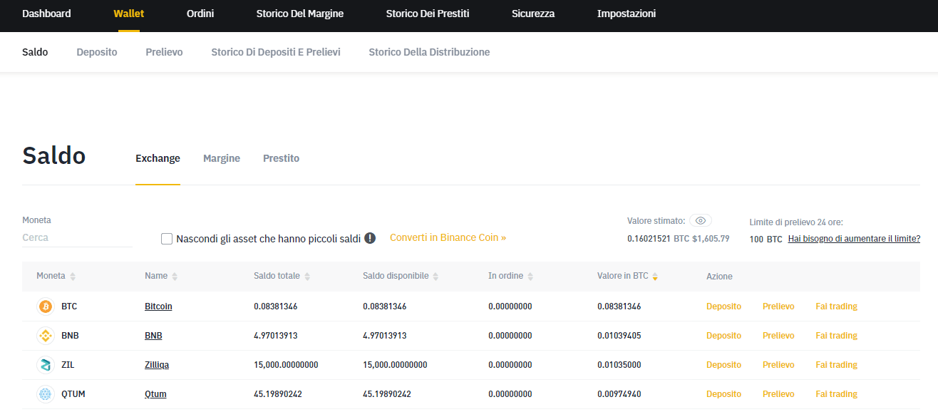 indirizzo deposito btc binance