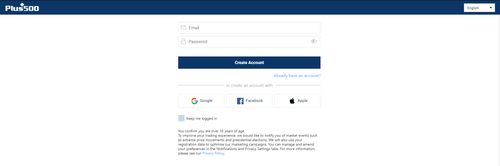 Register account Plus500