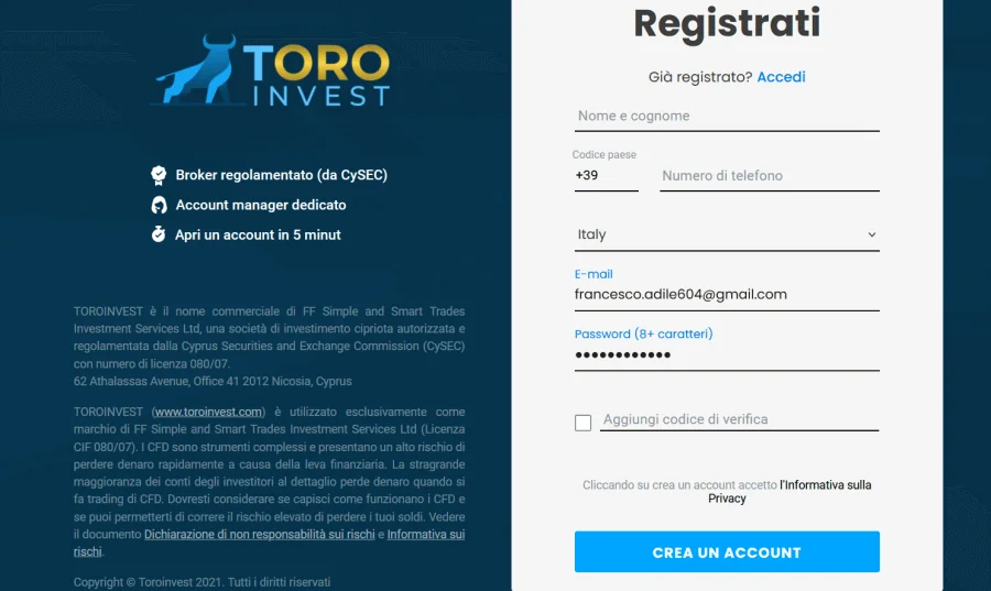 Toroinvest registrazione account