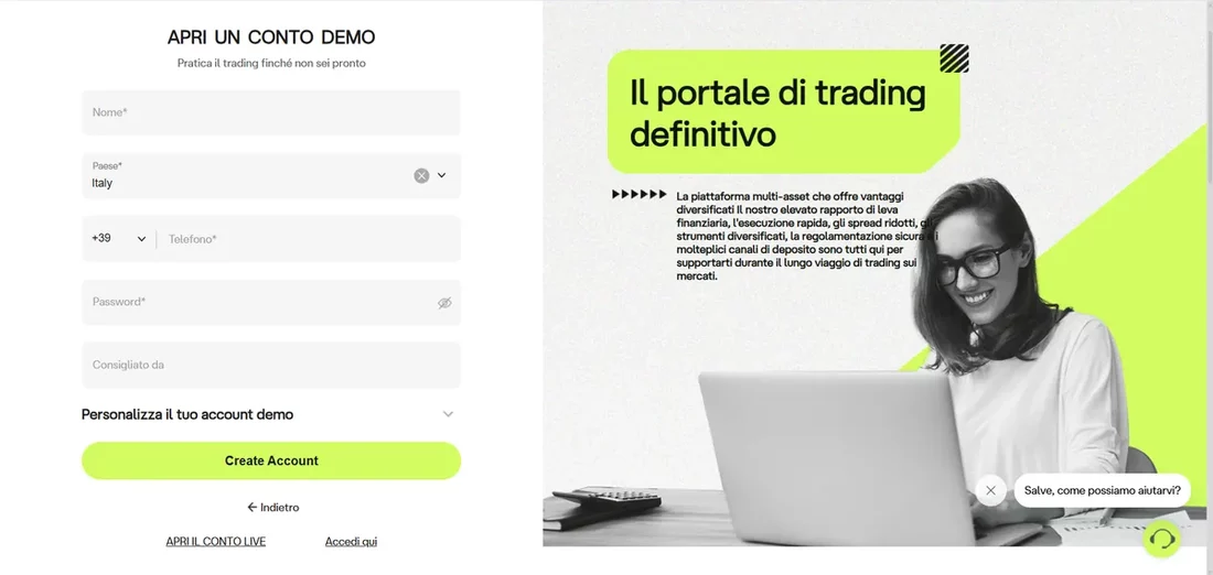 Modulo di Ultima Markets per aprire un conto demo con nome, paese, telefono e password