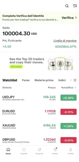 App di Ultima Markets: schermata Home con il saldo del conto demo e la watchlist