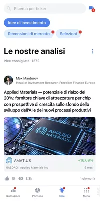 App di Freedom24, sezione Le nostre analisi con le idee d'investimento