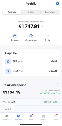 App di Freedom24, portafoglio con valutazione netta e posizioni aperte