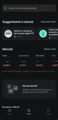 App di Scalable Capital, ricerca con tutorial sugli ETF e andamento dei mercati