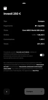 App di Trade Republic, riepilogo di un ordine da 250 euro sull'ETF Core MSCI World