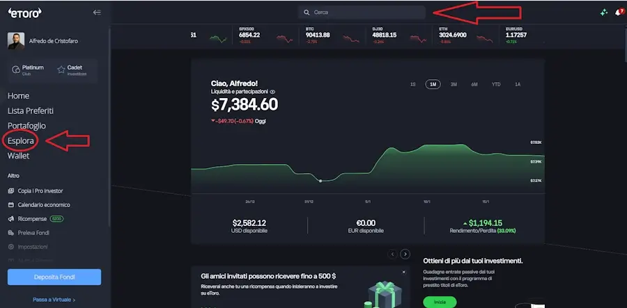 Ricerca mercati e prodotti piattaforma eToro
