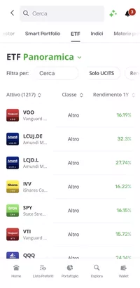 App di eToro, elenco degli ETF ordinabili per classe e rendimento