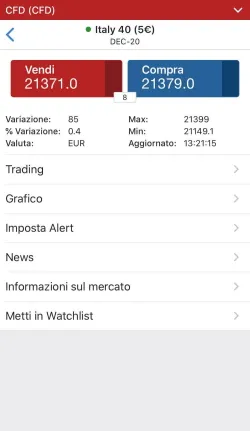 App IG trading menu