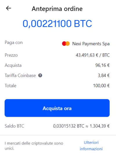 Anteprima ordine Coinbase