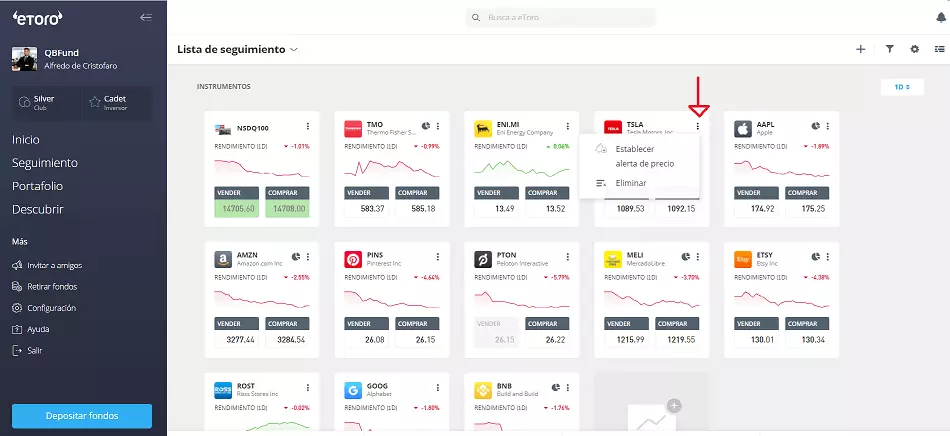 Alertas de precios plataforma eToro