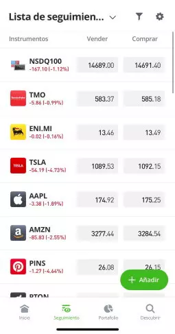 app eToro Lista de seguimiento