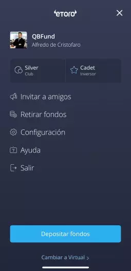 app eToro menu