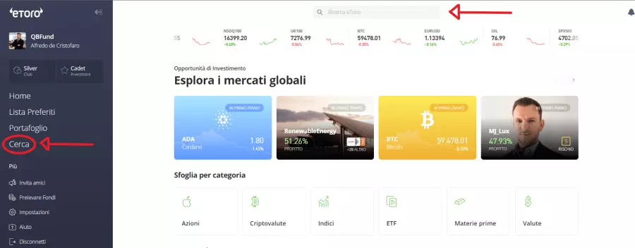 Ricerca mercati e prodotti piattaforma eToro